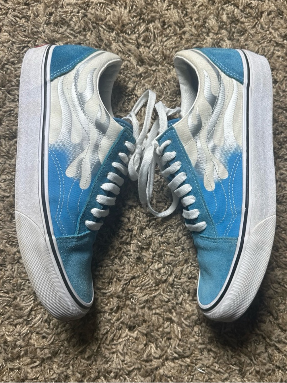 Vans Old Skool Blue and White Low Top Flame-Accent Sneakers Size M 8 W 9.5